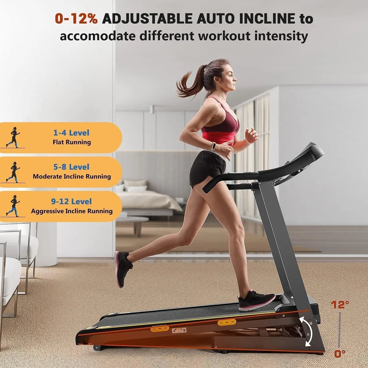 Folding 17'' Electric Treadmill with Auto Incline with 15 Training Programs