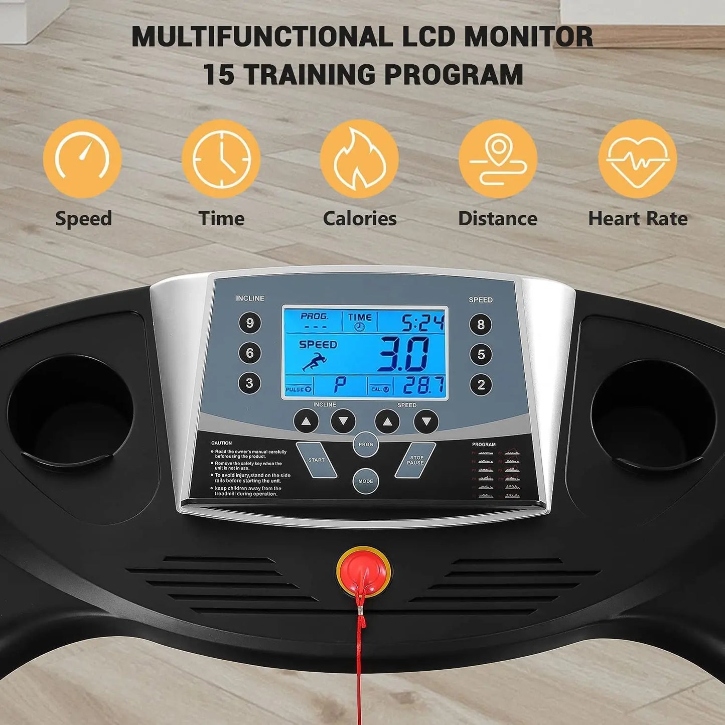 Folding 17'' Electric Treadmill with Auto Incline with 15 Training Programs