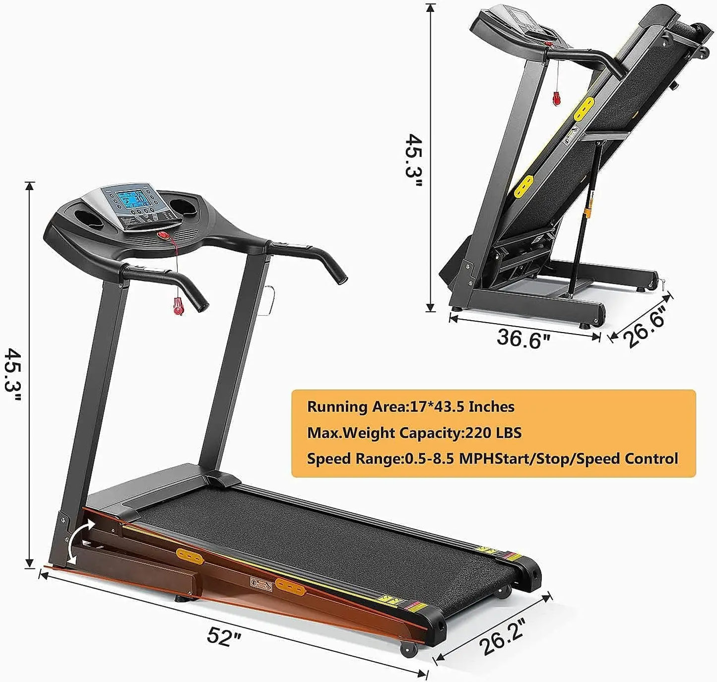 Folding 17'' Electric Treadmill with Auto Incline with 15 Training Programs