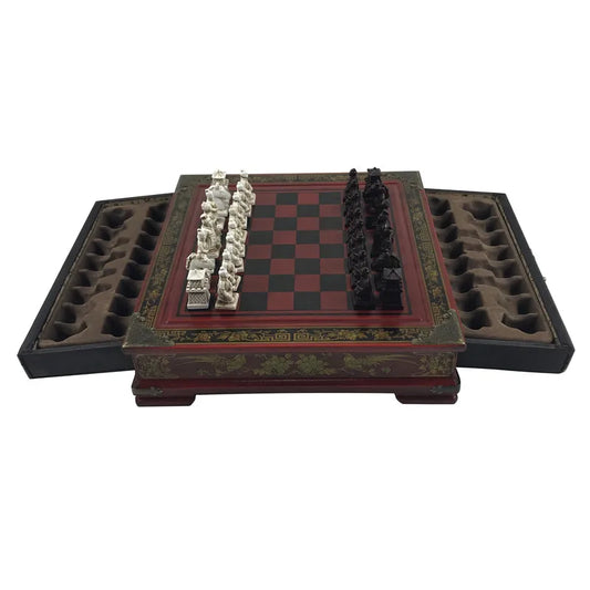 Three-dimensional chess Set with vintage wooden table