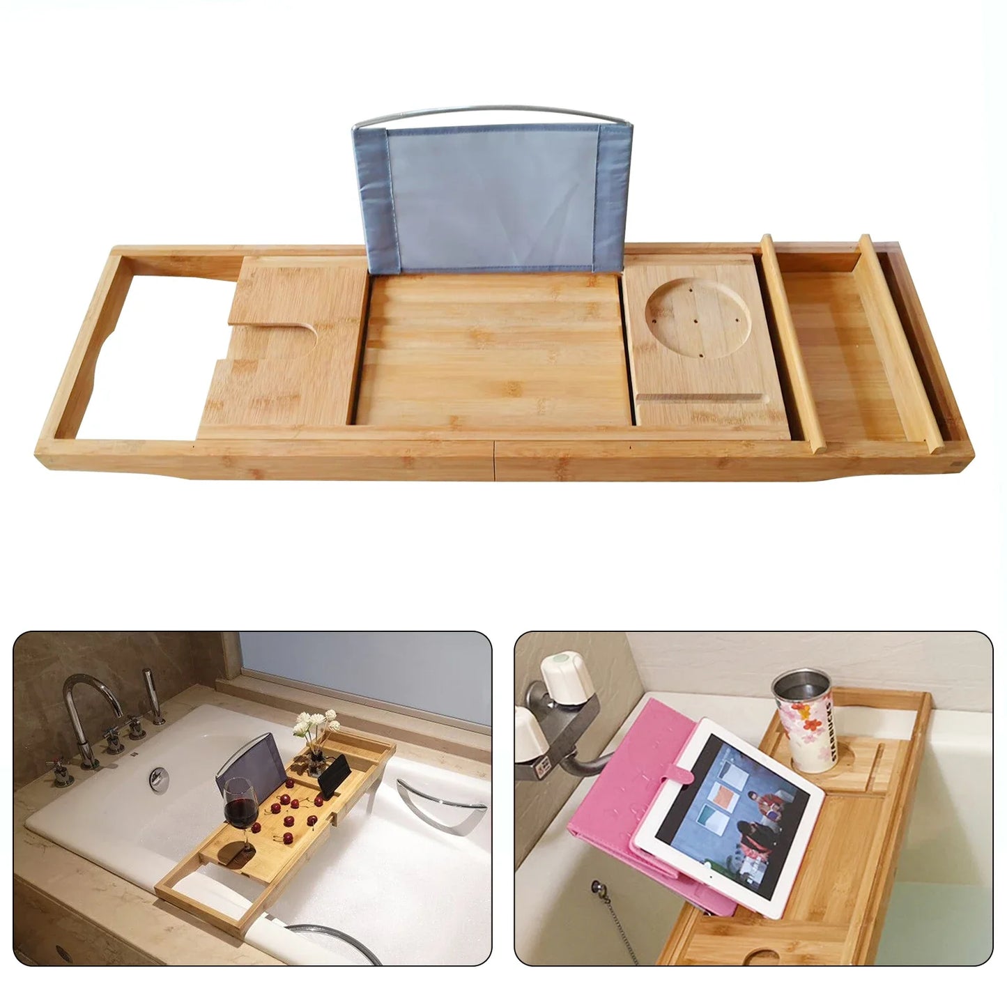 Expandable Bamboo Bath Tray – Durable, Waterproof Bathtub Caddy with Adjustable iPad Stand, for Relaxing Bath Time