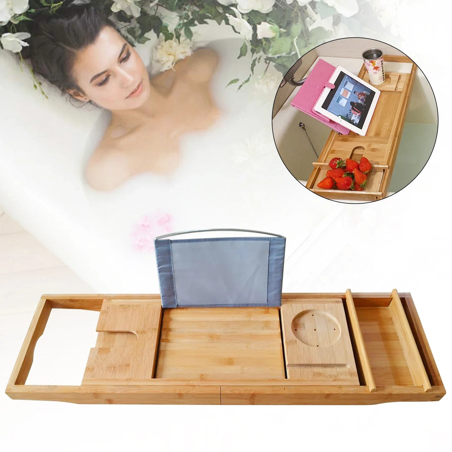 Expandable Bamboo Bath Tray – Durable, Waterproof Bathtub Caddy with Adjustable iPad Stand, for Relaxing Bath Time