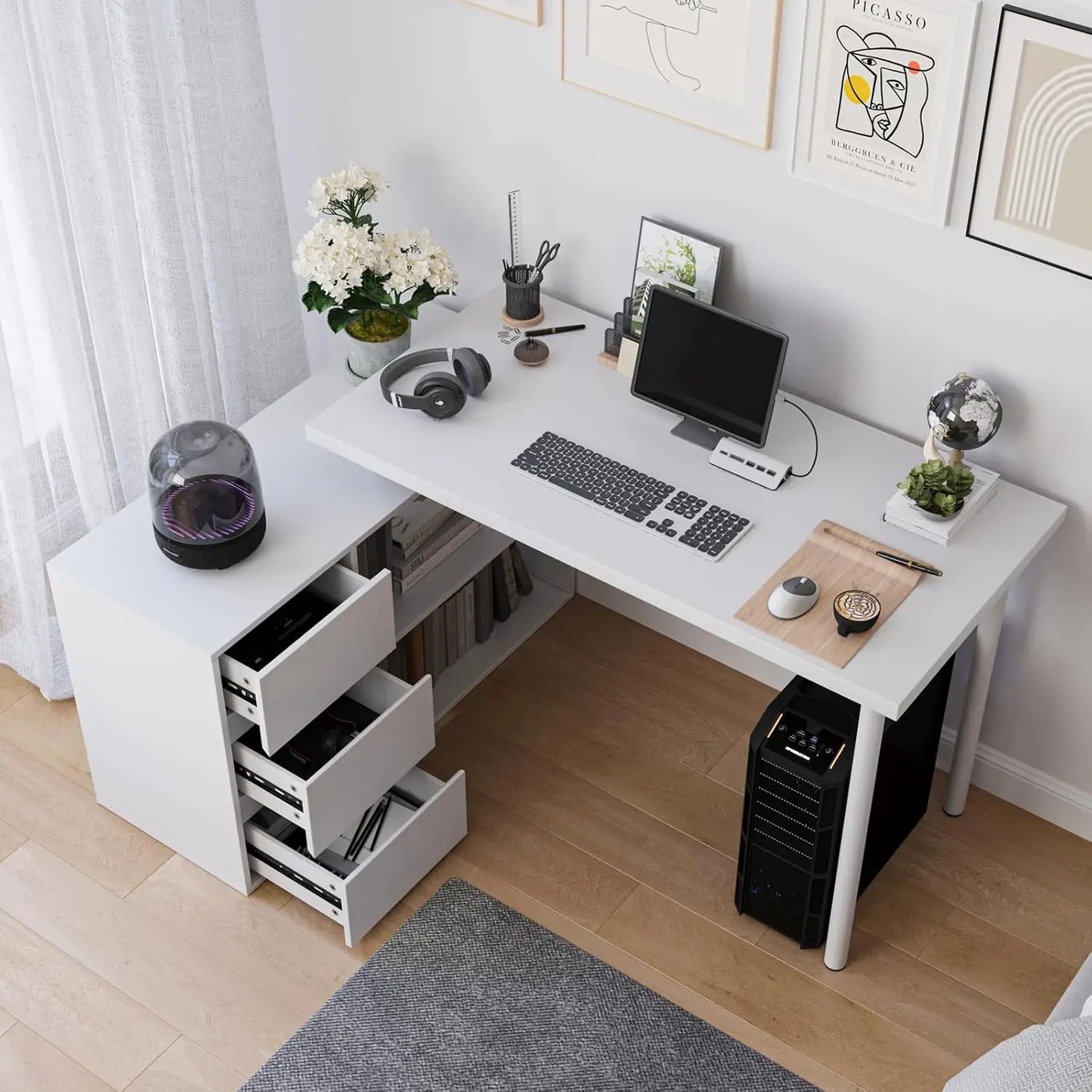 L Shape Computer Desk with Drawers and Shelves