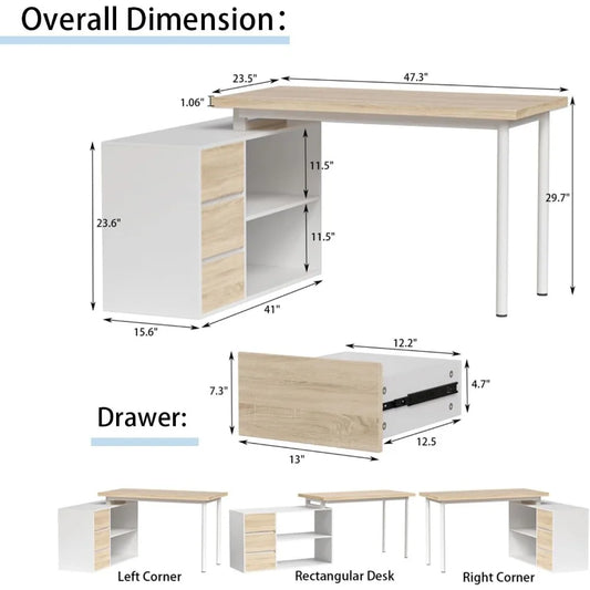 L Shape Computer Desk with Drawers and Shelves