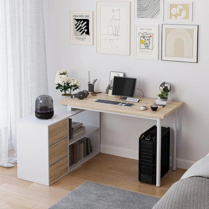 L Shape Computer Desk with Drawers and Shelves