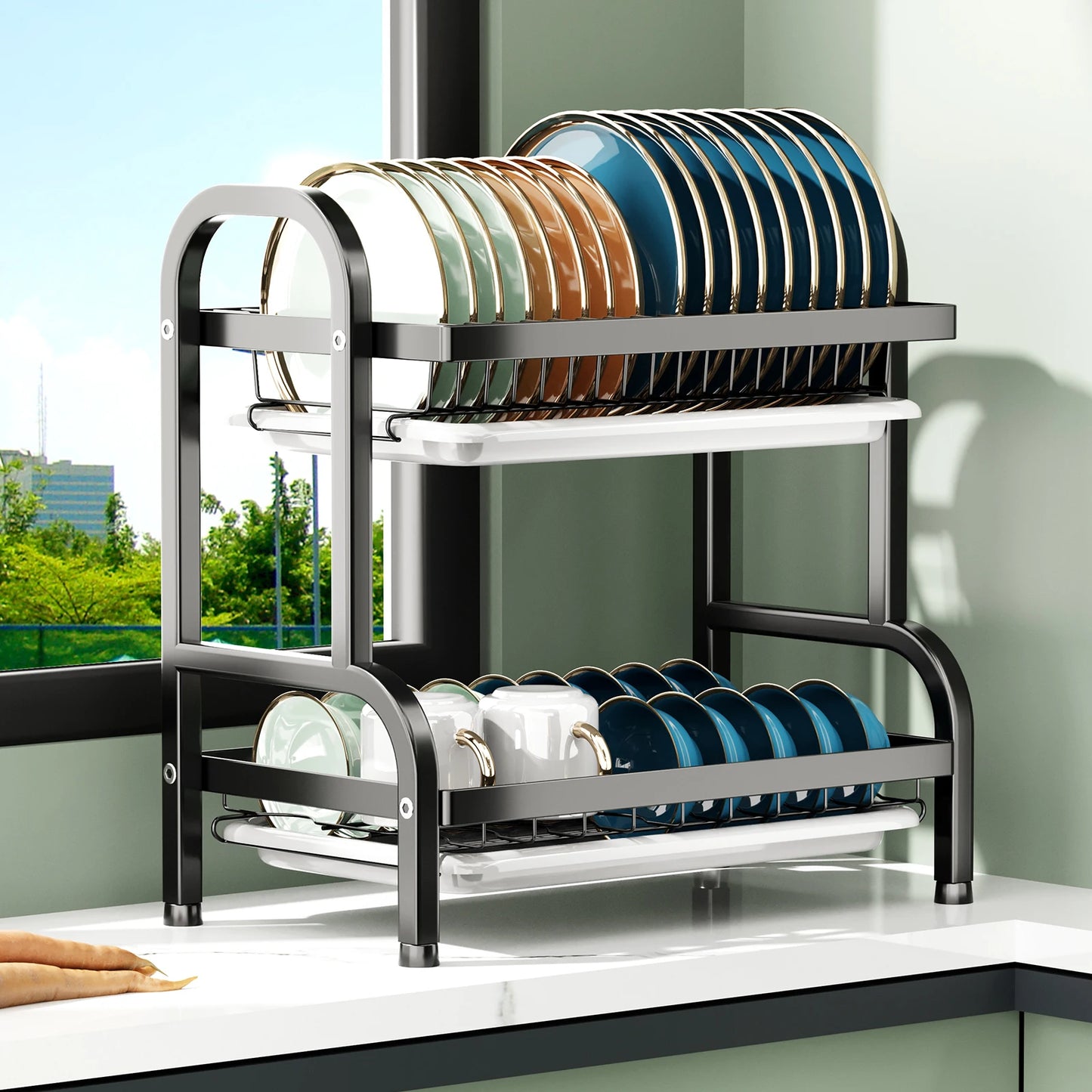 2-Tier Dish Drying Rack with Drain Board