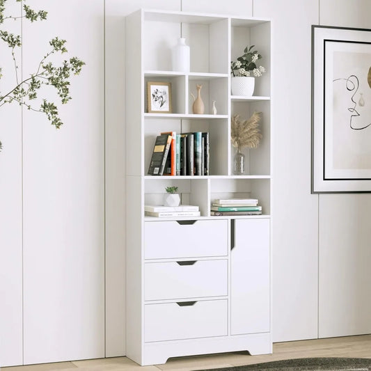 Tall 4-Tier Wooden Bookshelf with Door