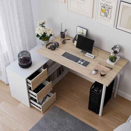 L Shape Computer Desk with Drawers and Shelves